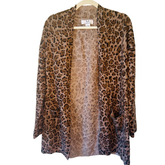Magaschoni Size S Cashmere Leopard Print Open Front Cardigan Sweater Pockets - Picture 1 of 5